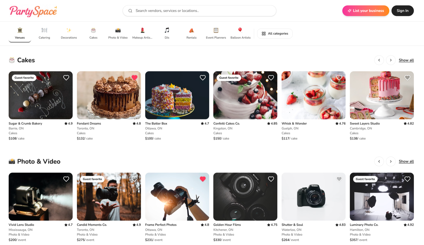 Browsing cake makers and photographers across Ontario with ratings and starting prices