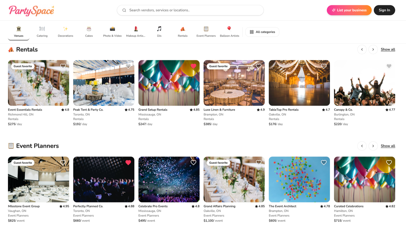 Browsing rentals and event planners across Ontario with ratings and starting prices